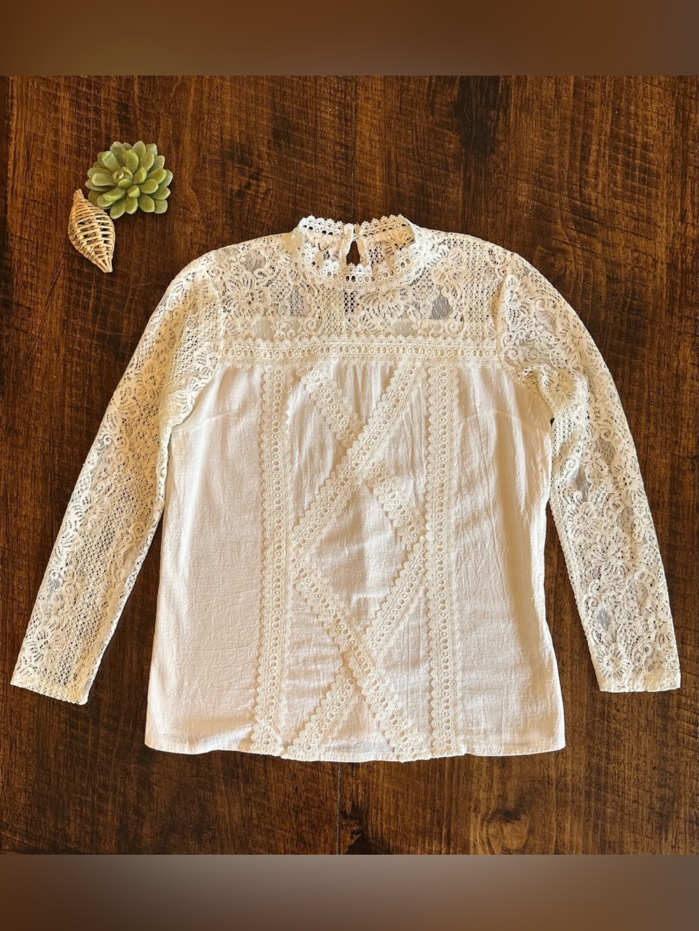 Boho Off-White High Neck Lace Panel Long Sleeve Blouse, Size L